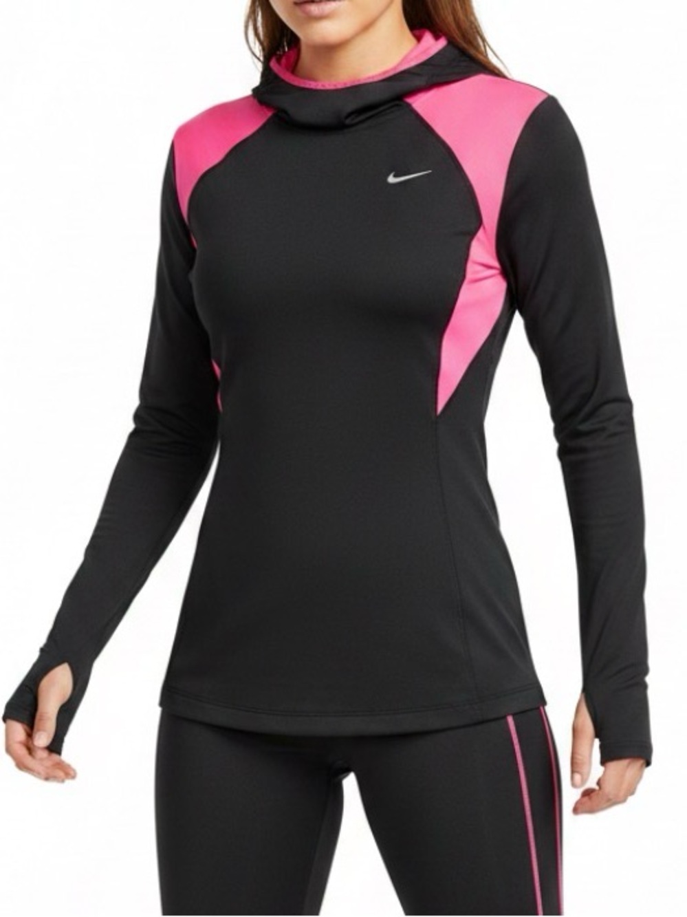 Nike Dri Fit Black and Pink Performance Hooded Long Sleeve Top Size Small